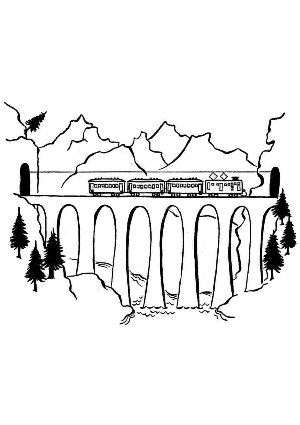 Раскраски картинки на рабочий стол онлайн Поезд, электричка едет через мост, река, горы, елки, туннель в горах Распечатать раскраски для мальчиков