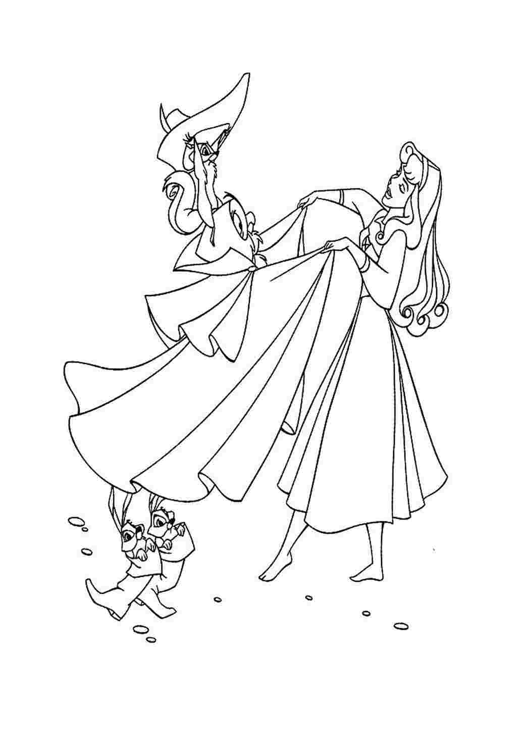 Раскраска Спящая Красавица в бальном платье и короне, с лесными друзьями