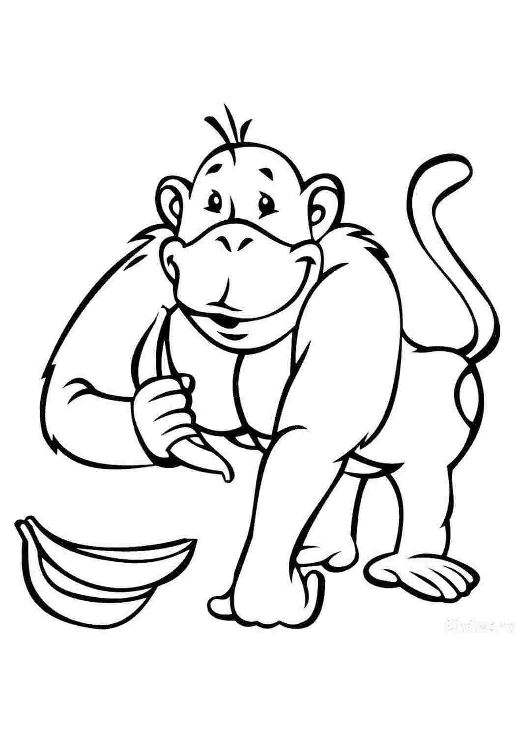 Детская раскраска с примером цвета обезьяна с бананом