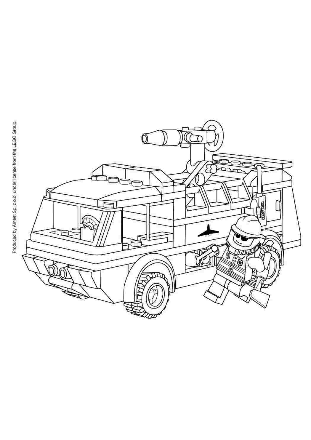 Раскраски Пожарная машина лего и пожарник Лего Конструктор, Лего