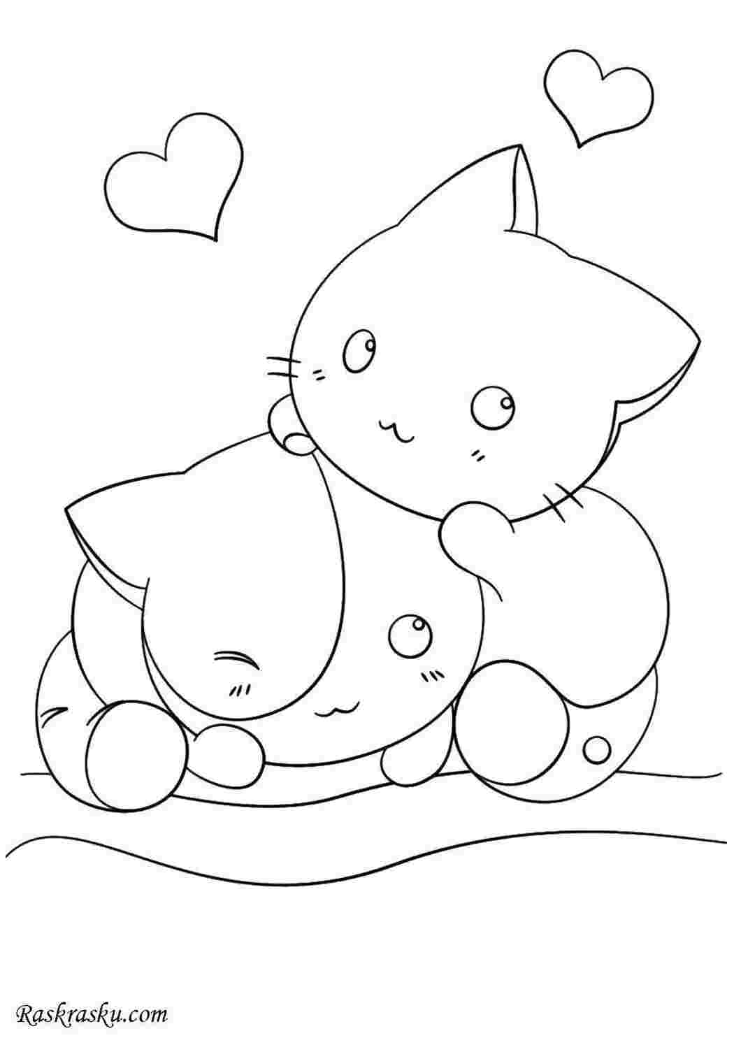 Раскраски Два котенка и сердечки аниме котенок, сердечки