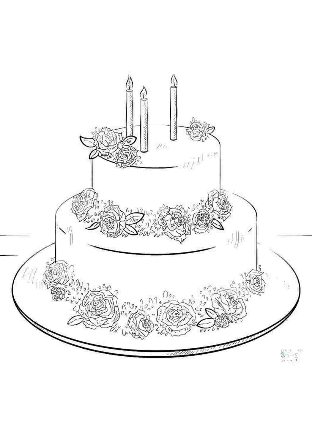 Раскраски Торт с цветами и свечи торты торт, свечки, крем