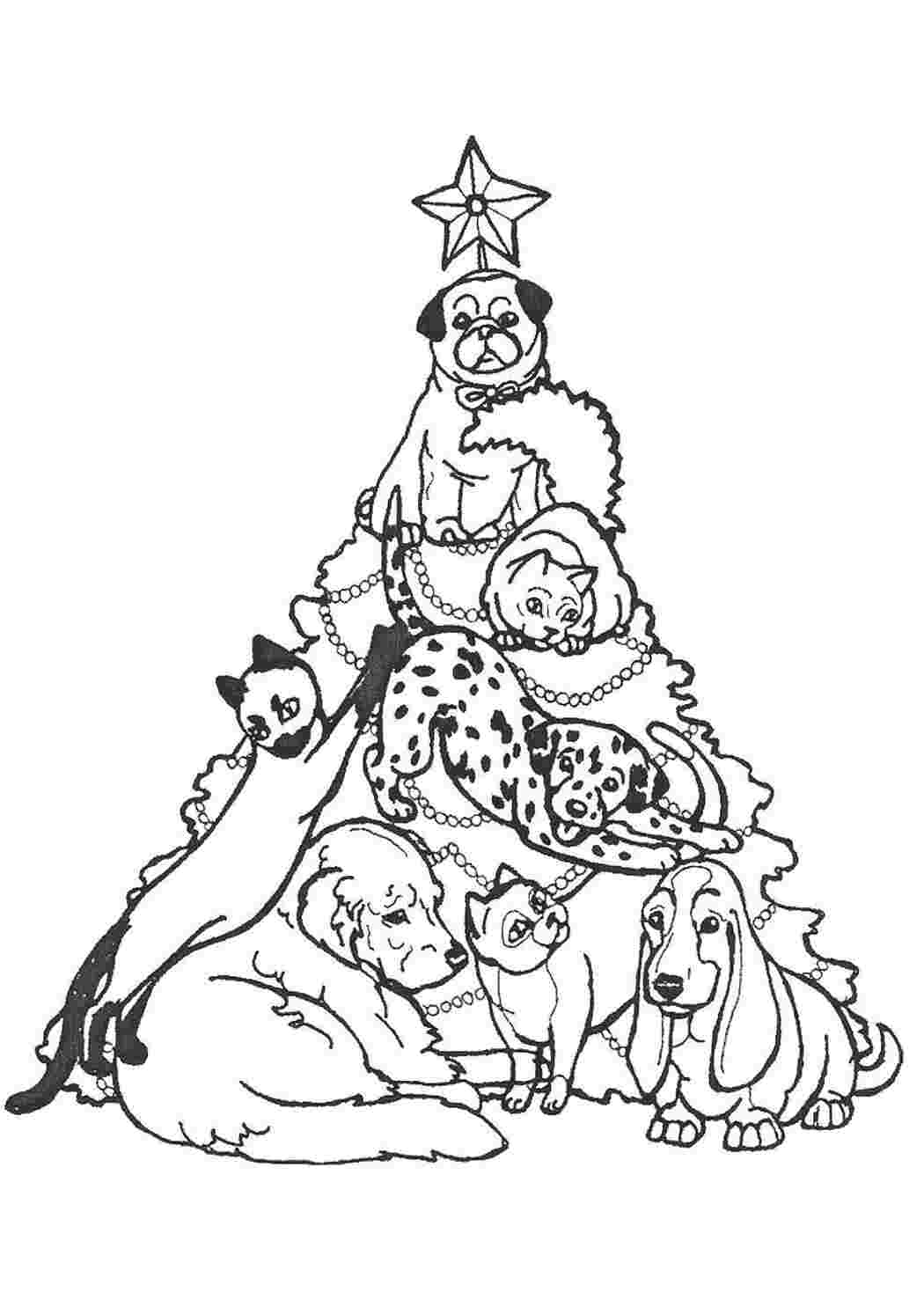 Раскраски Собачки и кошечки на елке рождество Рождество, елка, Новый год, звери