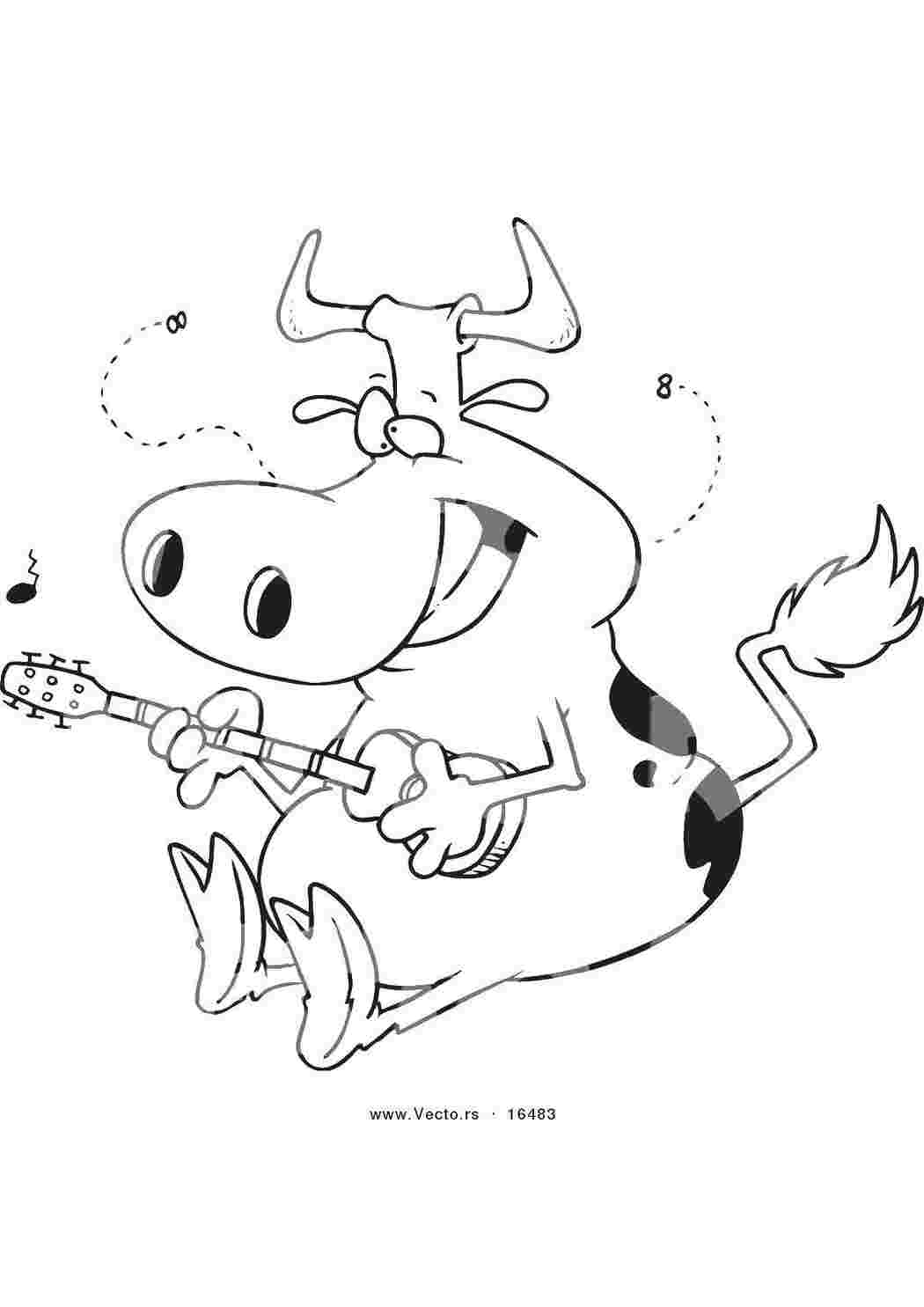 Раскраски Корова с гитарой музыкальные инструменты животные, корова, гитара