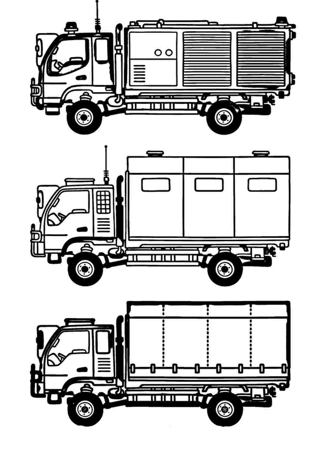 Раскраска раскраска машины. Красивые раскраски. Три пожарные машины -  раскраска для детей