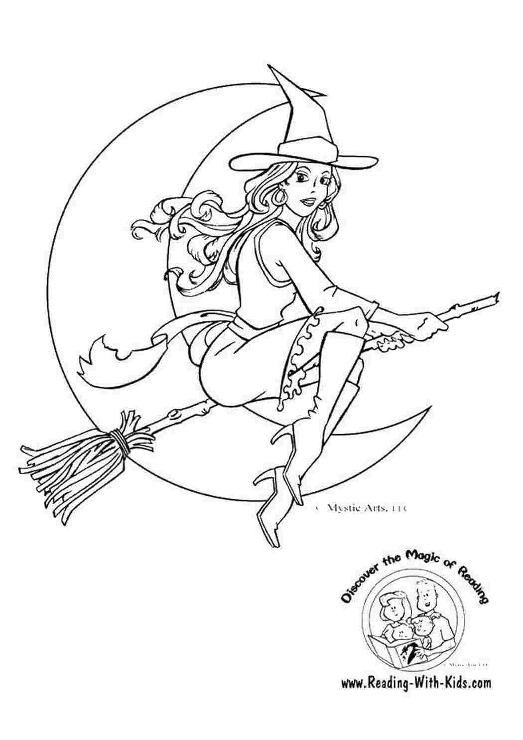 Раскраски Красивая ведьмочка ведьма Хэллоуин, ведьма, ночь, метла