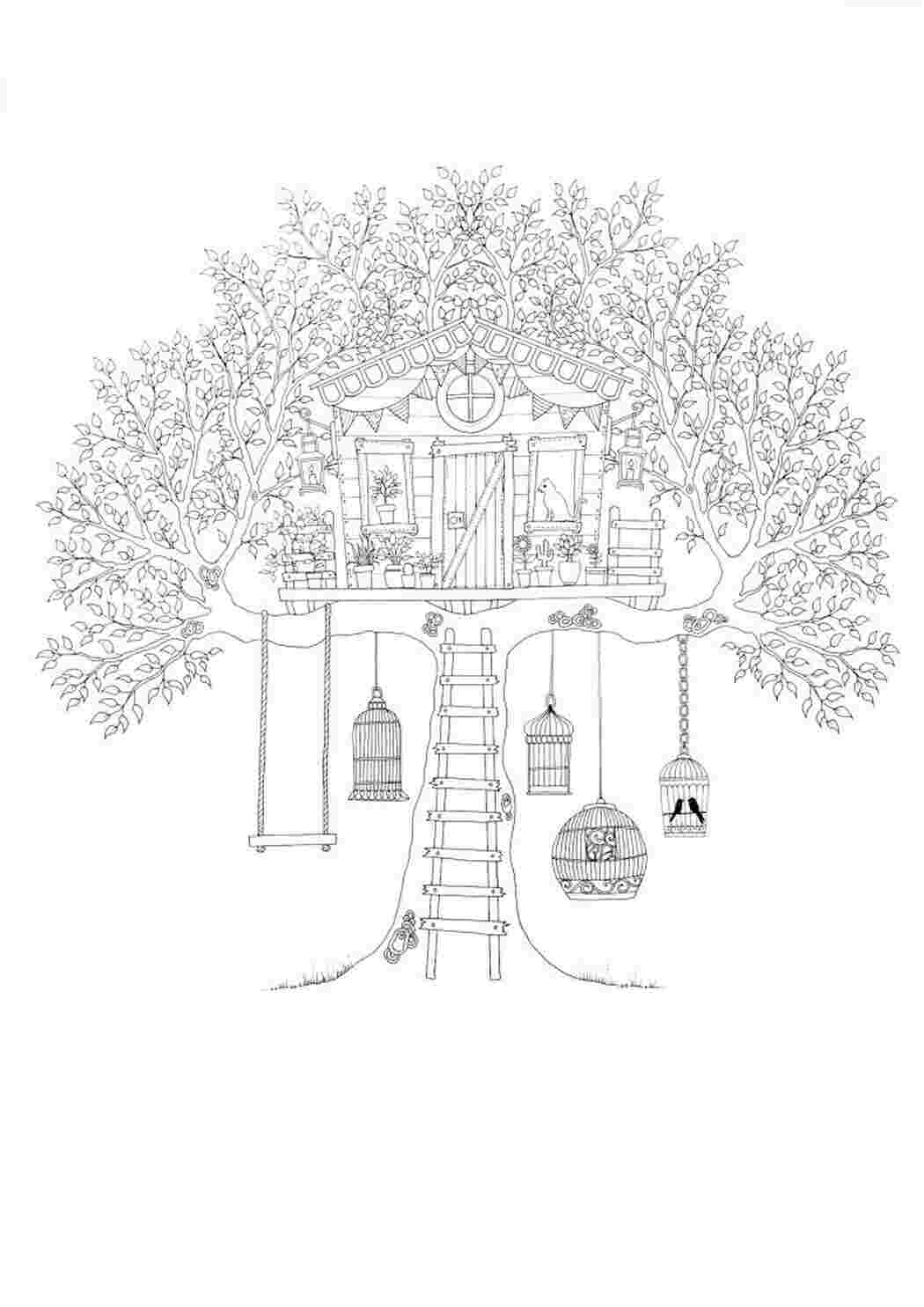 Дом на дереве и клетки с птицами лестница и качеля  Раскраски скачать онлайн