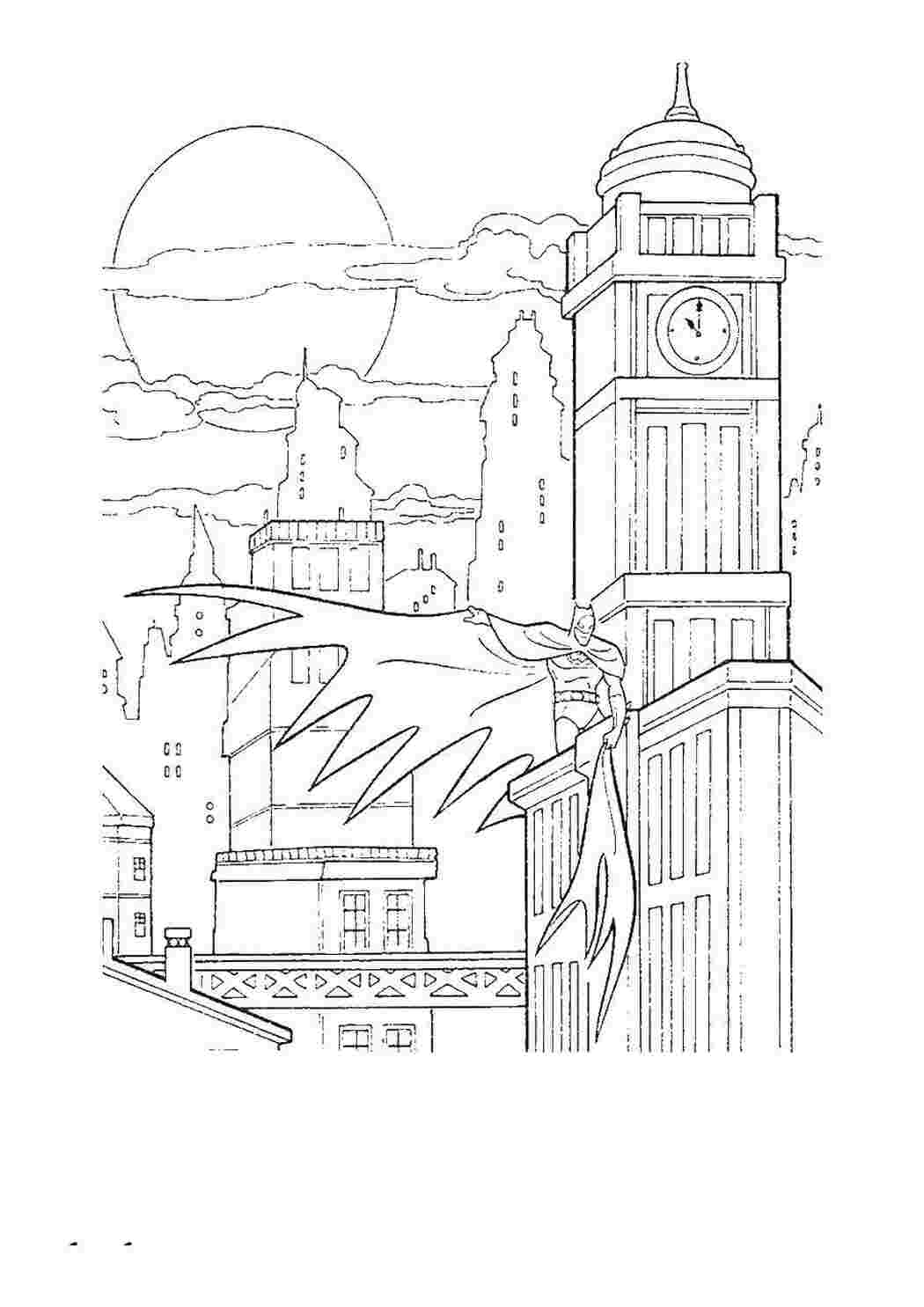 Раскраски Бэтмен на крыше здания супергерои Бэтмен, супергерои