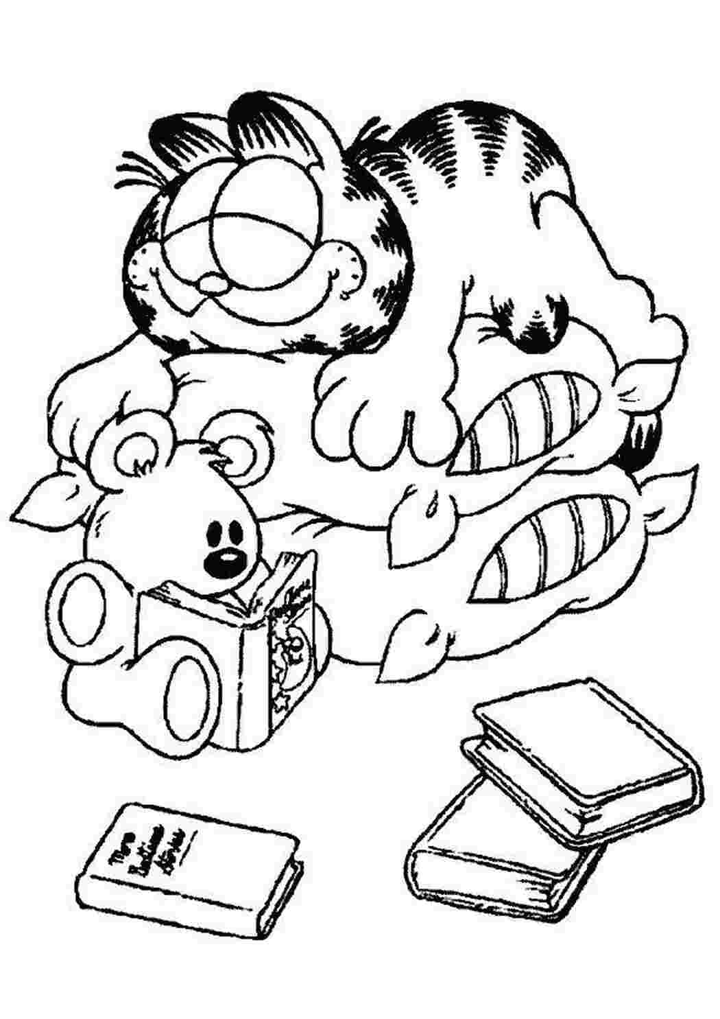 Раскраски картинки на рабочий стол онлайн Гарфилд спит на подушках, мишка читает книгу Распечатать раскраски для мальчиков