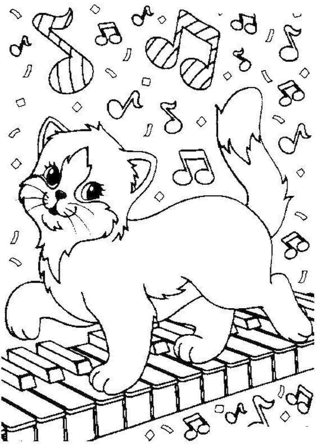 Раскраски Кошка играет на пианино Музыка кошка, музыка, пианино