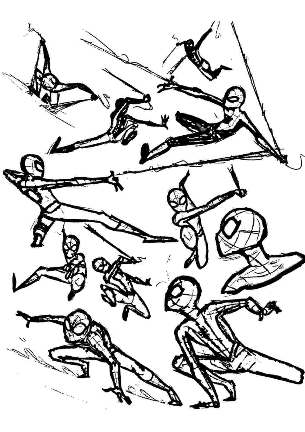 Разные позы Человека-паука на одном изображении. Раскраски скачать и распечатать бесплатно.