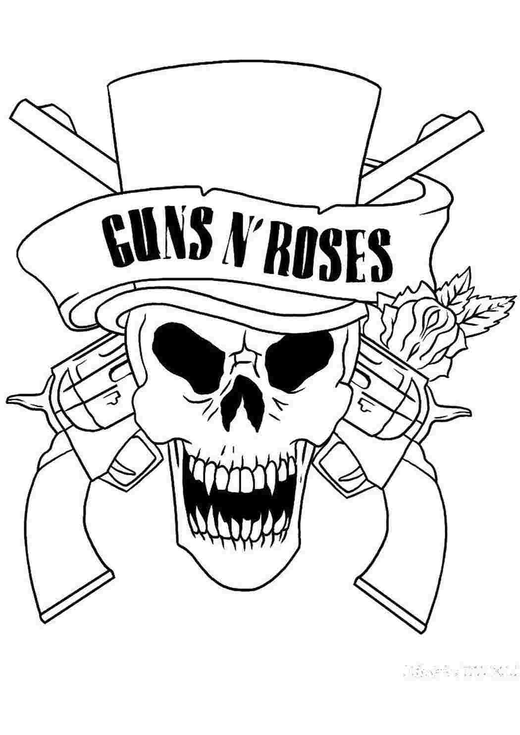 Раскраски Череп ружья и розы  Череп череп, пистолеты, розы