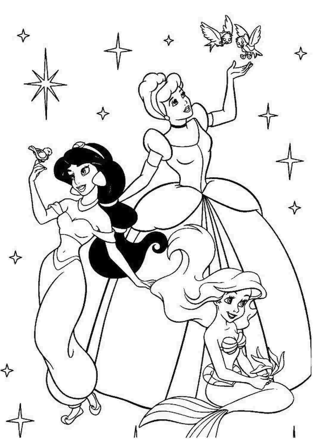 Раскраски Жасмин, ариэль и золушка Для девочек диснеевские принцессы, сказки, мультфильмы