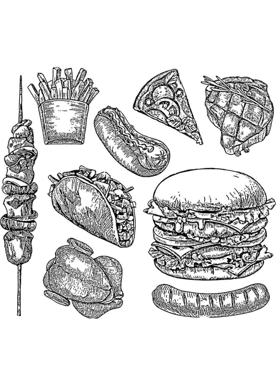Фастфуд - детализированная раскраска Раскраски скачать и распечатать бесплатно.