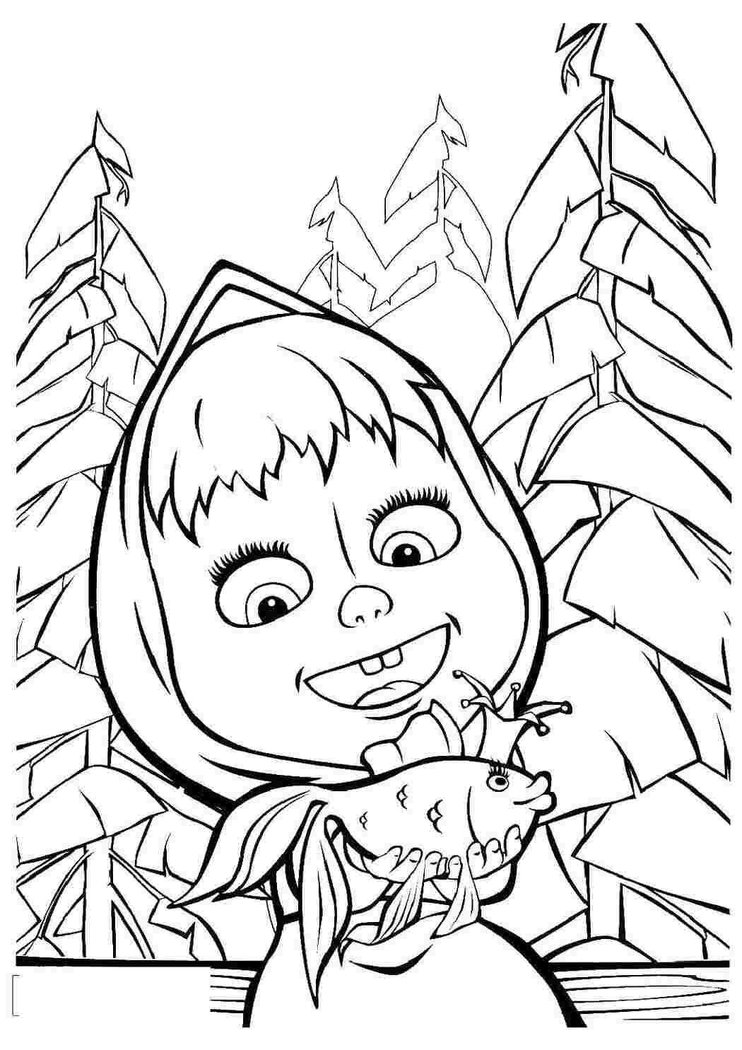 Раскраски Раскраски для детей про озорную Машу из мультфильма Маша и медведь  Маша держит золотую рыбку