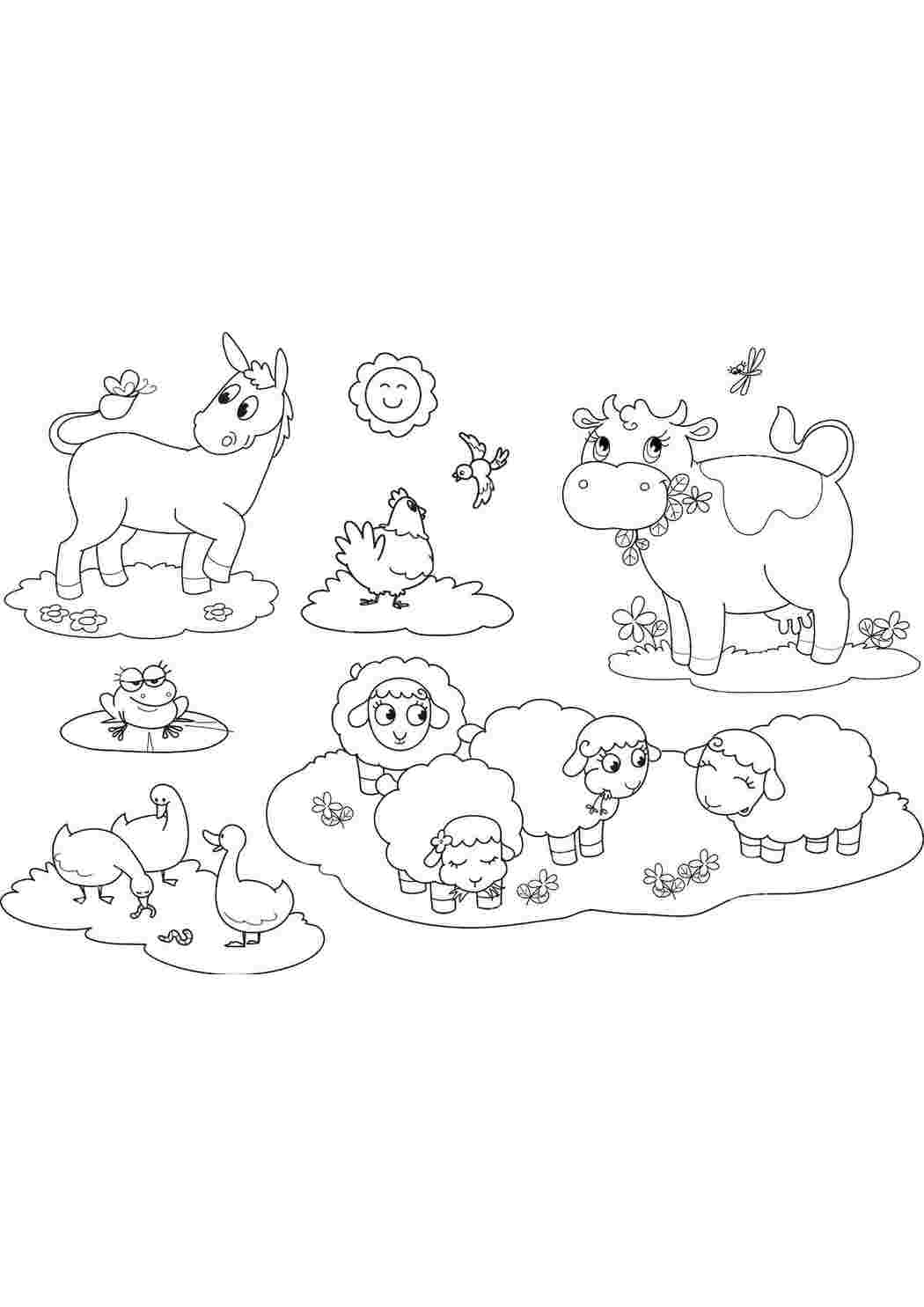 Раскраски Ослик, курочка, лягушка, гуси, коровка и овечки играют вместе животные животные, игра, веселье