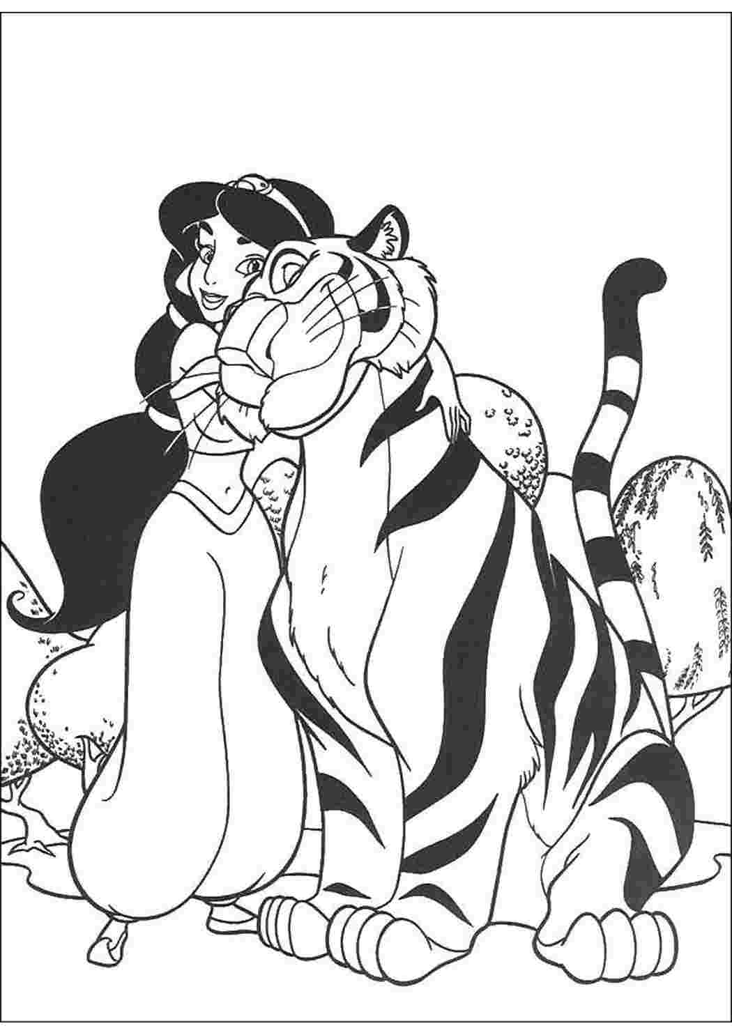 Раскраски Принцесса жасмин обнимает тигра Раскраски для малышей Принцесса, Жасмин, Аладдин