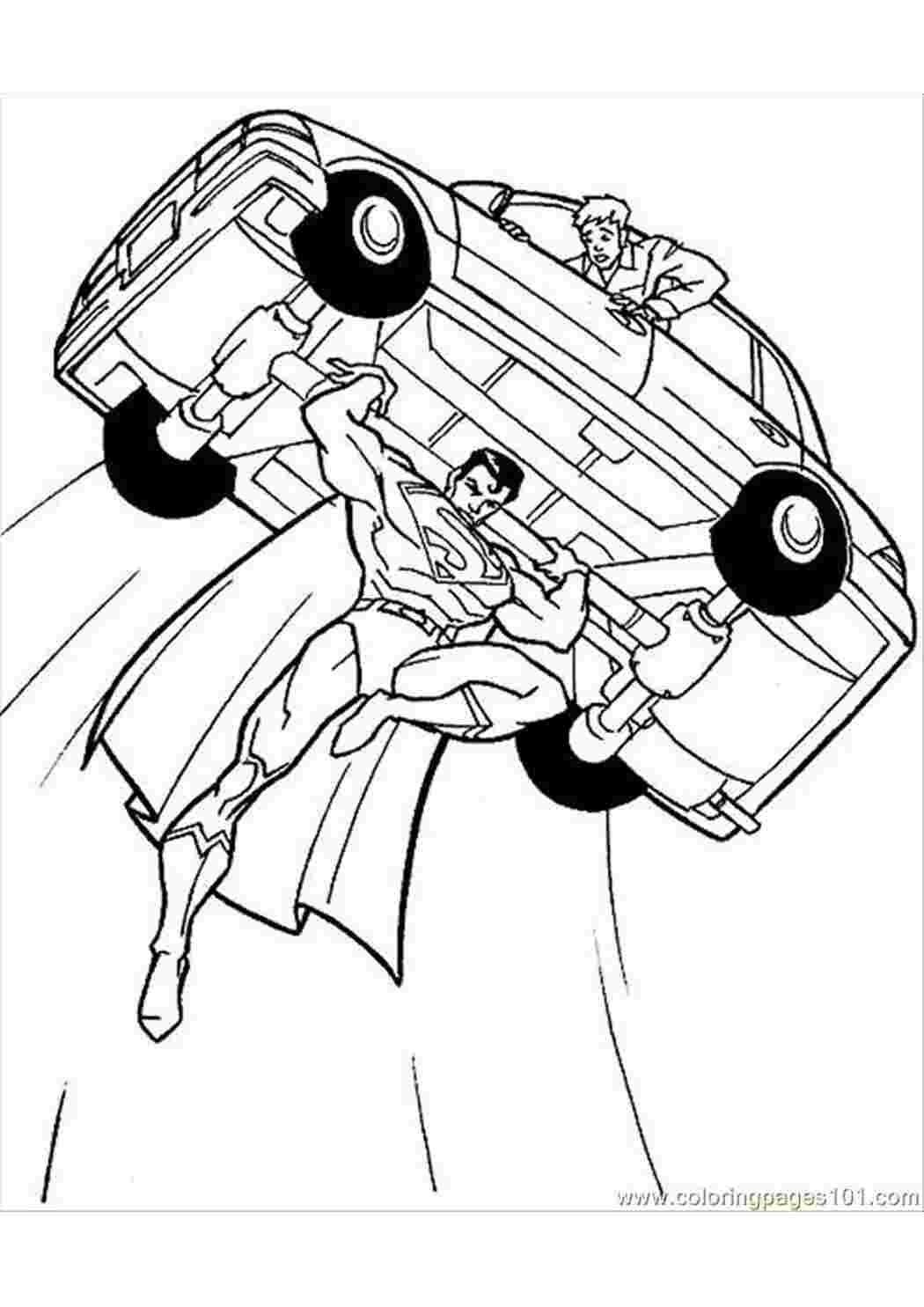 Раскраски картинки на рабочий стол онлайн Супергерои, супермен поднял машину в воздух Распечатать раскраски для мальчиков