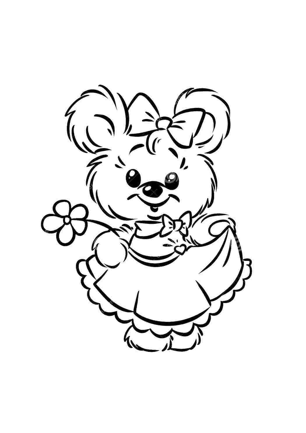 Раскраски Маленькая девочка-меджвежонок с цветочком Животные Животные, мишка