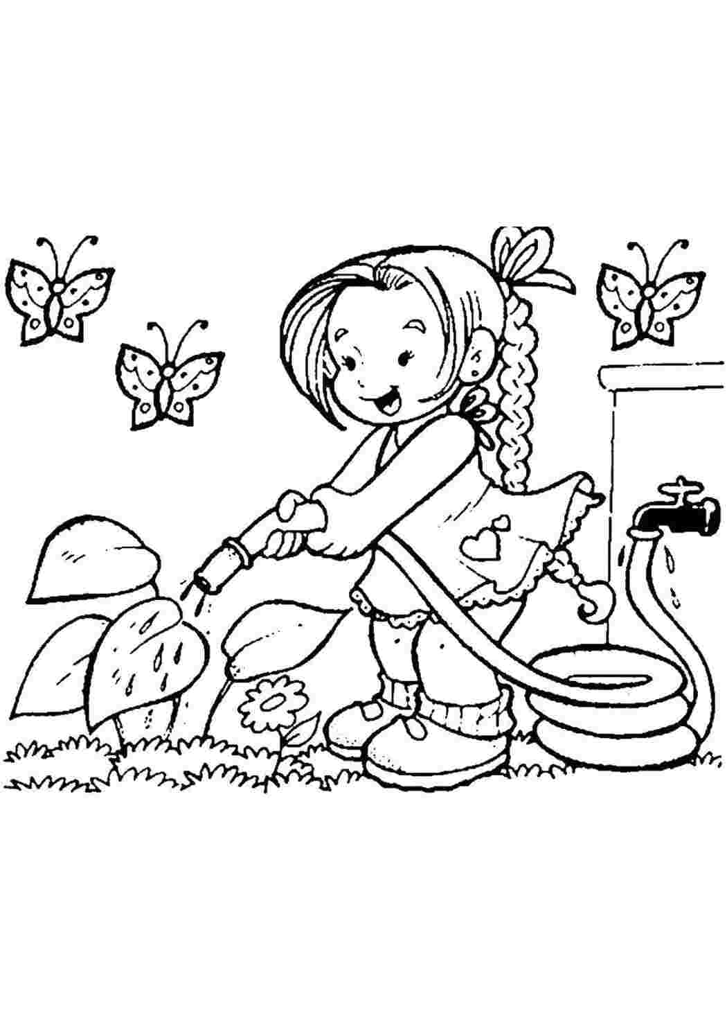 Раскраски Девочка поливает растения среди бабочек Весна девочка, бабочки, полив