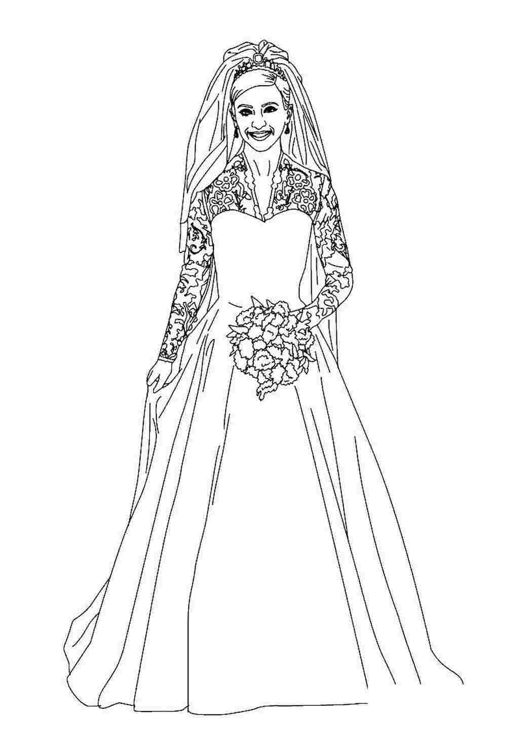 Раскраски Невеста с букетом свадебные платья невеста, платье, фата, букет