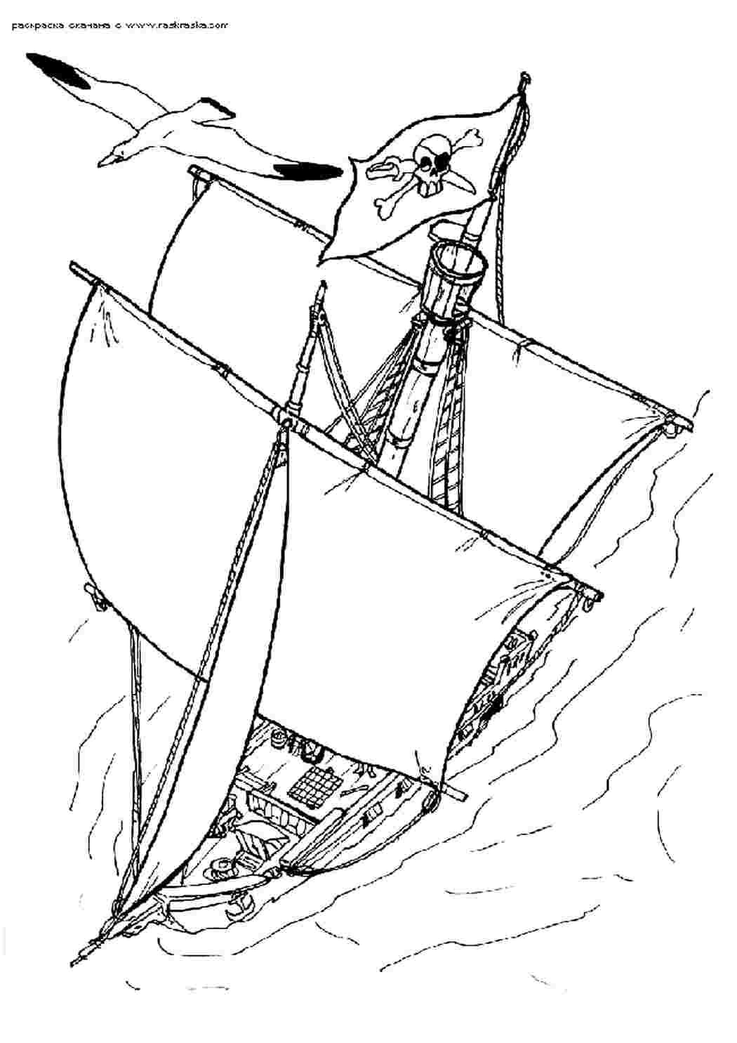 Раскраски раскраска, корабль, птицы, пиратский флаг Раскраски Корабли 