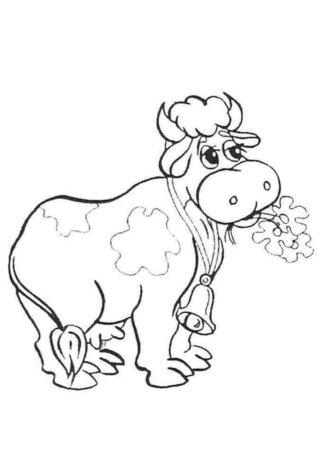 Раскраски Корова с колокольчиком жует цветочки домашние животные корова, цветы, колокольчик