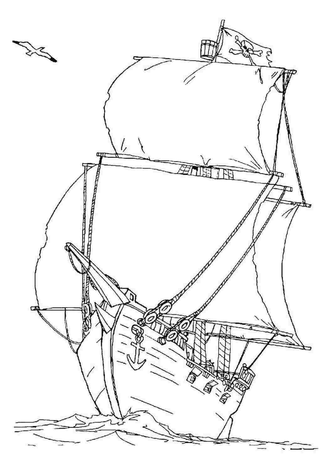 Раскраски Пиратский корабль в плавании Пираты Пират, остров, сокровища, корабль