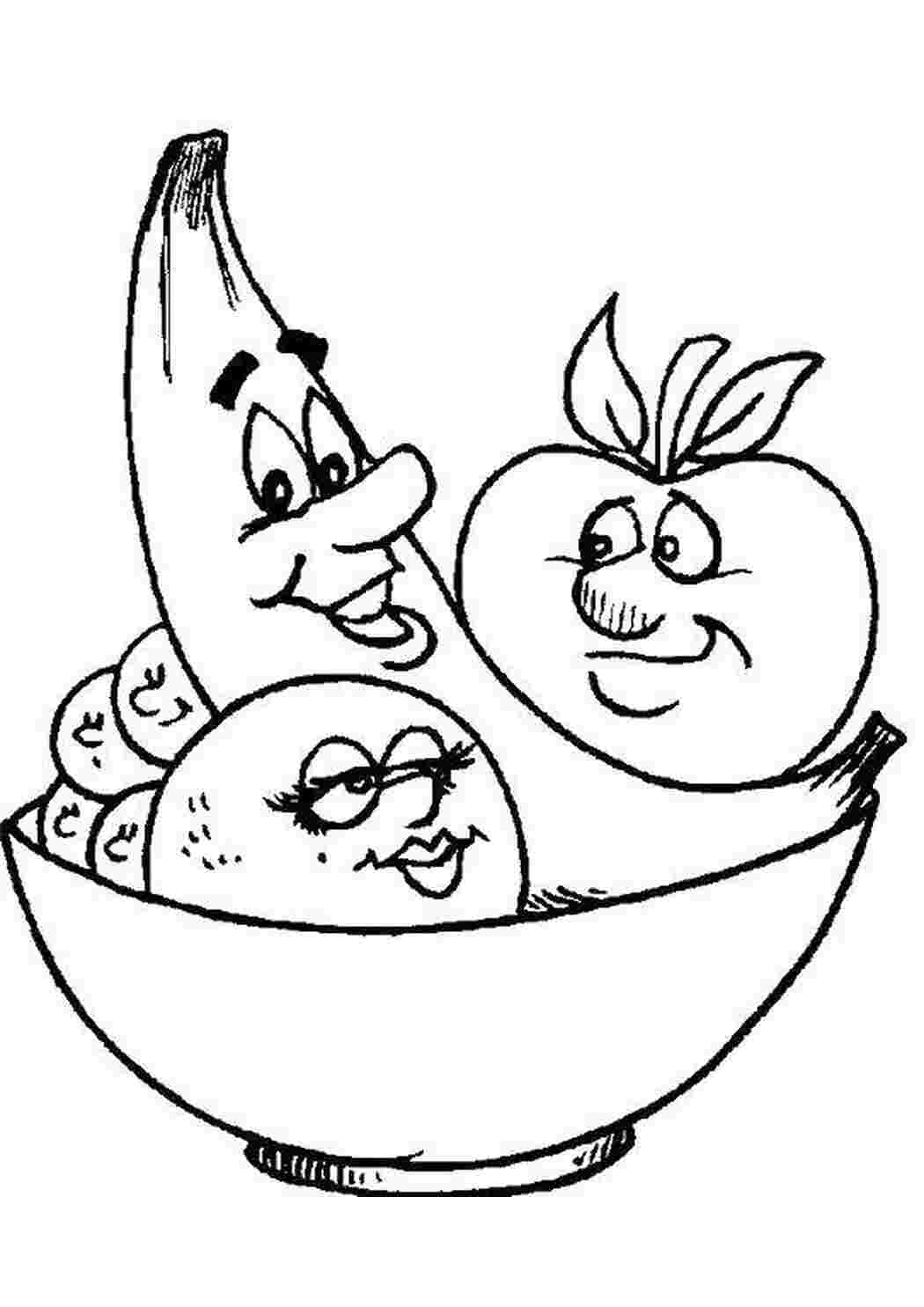 Раскраски Друзья фрукты лежат в тарелочке фрукты фрукты, яблоко, банан, апельсинка