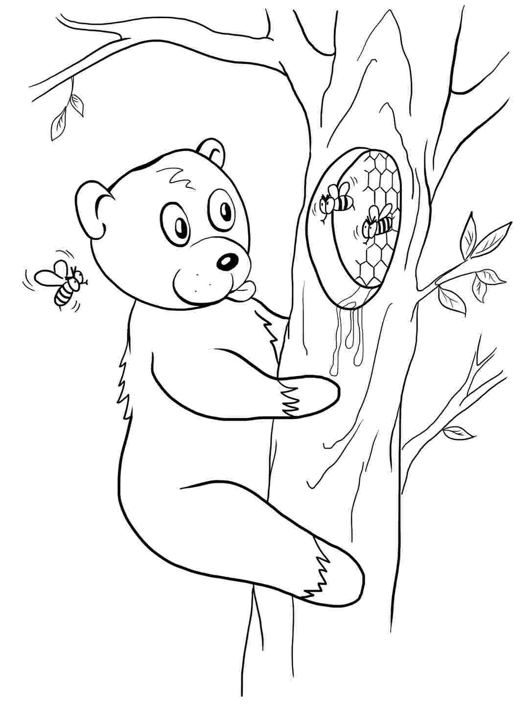 Раскраски картинки на рабочий стол онлайн Медведь лезет на дерево за медом, дерево, пчелы Раскраски для мальчиков