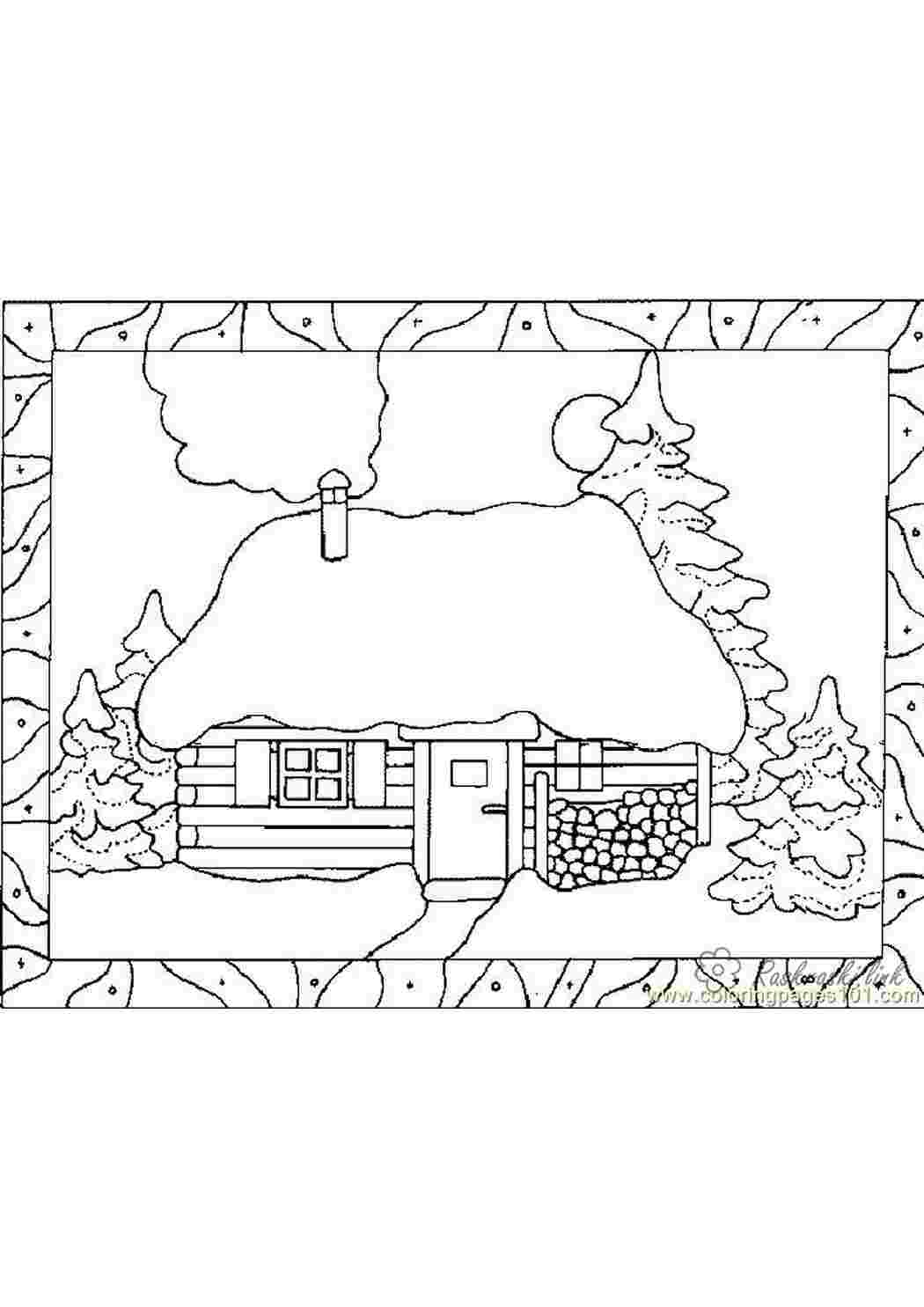 Раскраски пейзаж раскраска пейзаж домик в зимнем лесу,снег  Раскраски скачать онлайн