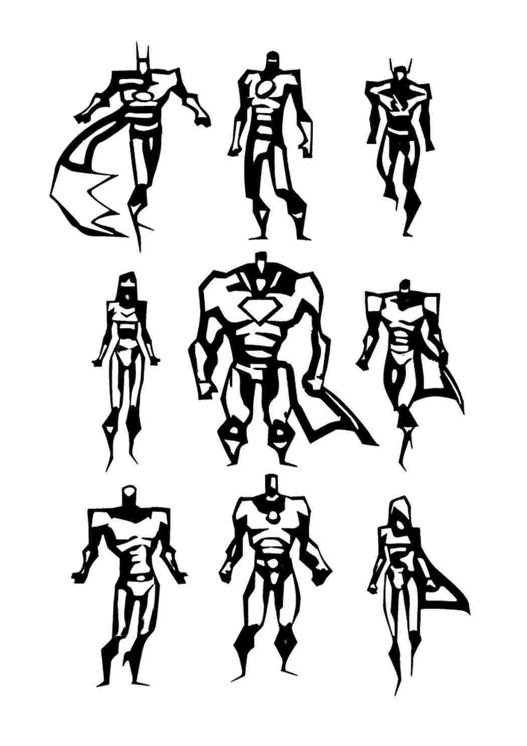 Супергерои - маленькие фигуры Раскраски скачать и распечатать бесплатно.