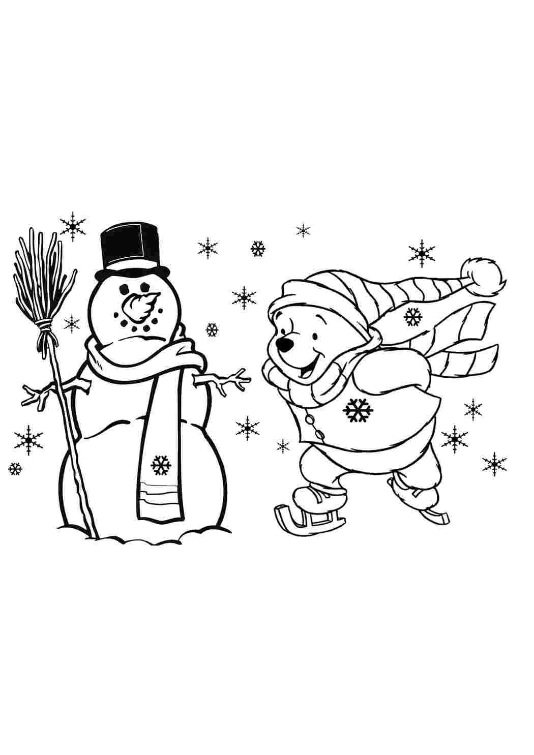Раскраски Винни пух и снеговик Рождество снеговик, метла, винни пух