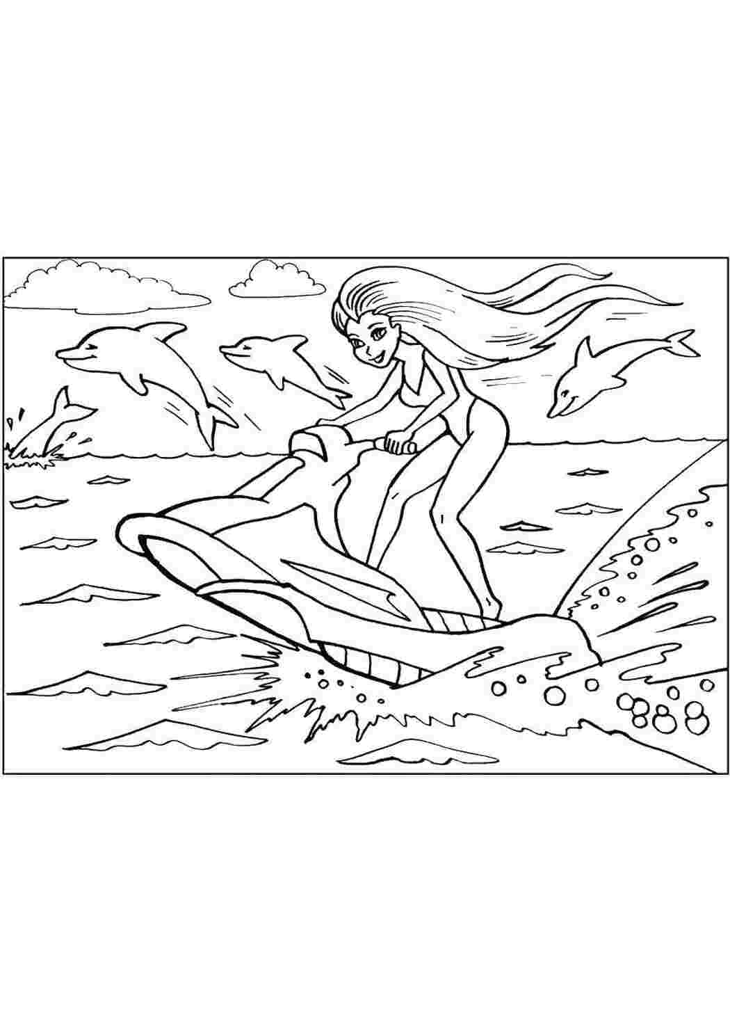 Раскраски Девушка на катере морское акулы, девушка