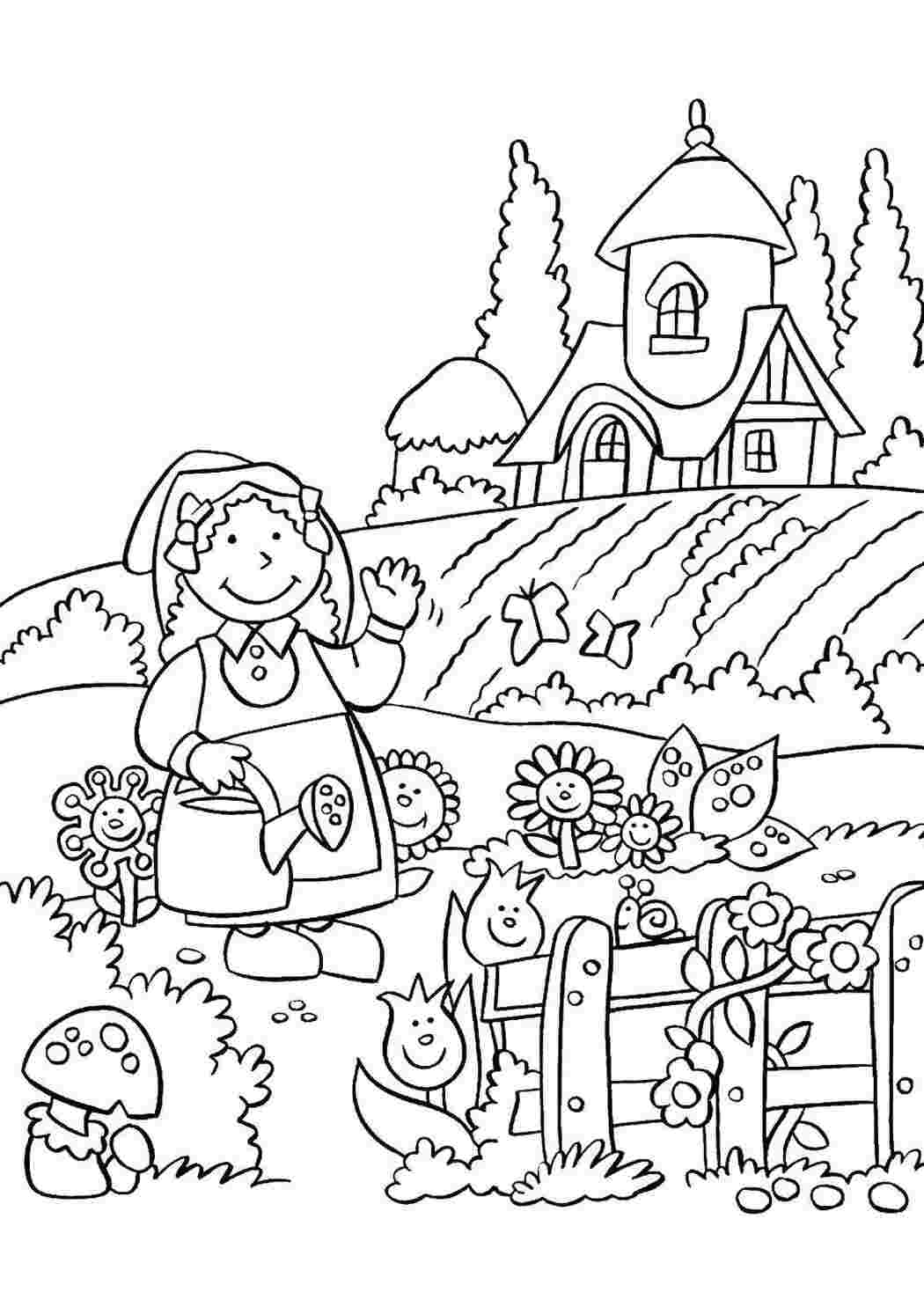 Раскраски Девочка поливает цветочки растения растения, цветы, сад, огород