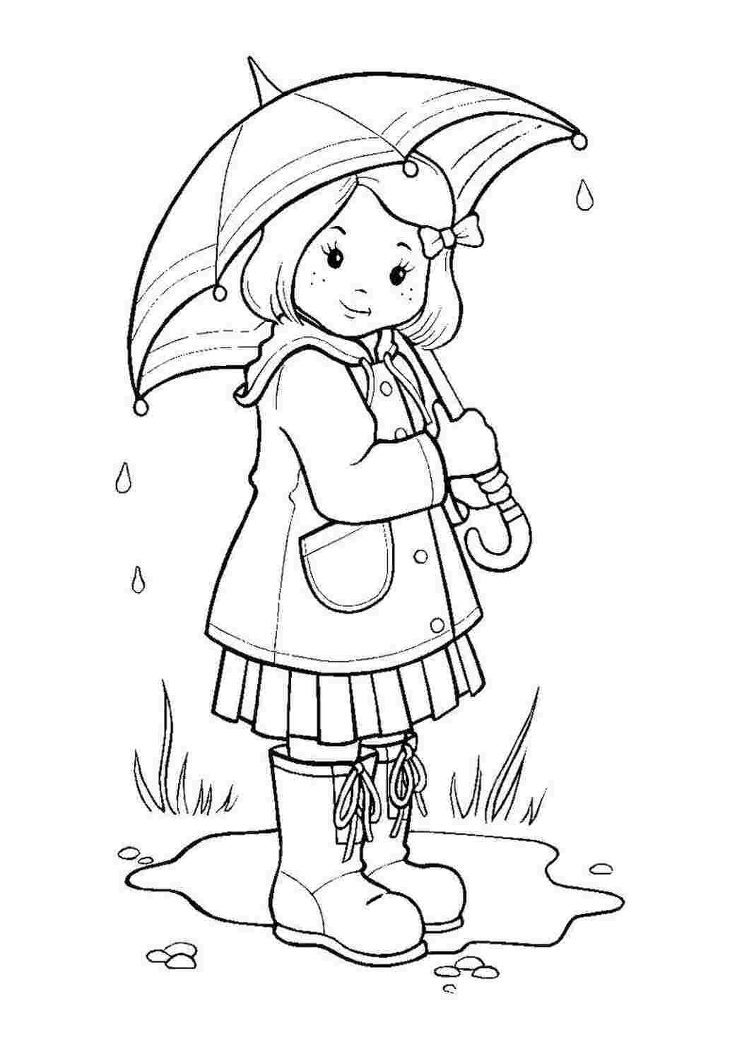 Раскраски Девочка в луже Погода Дождь, зонт, осень
