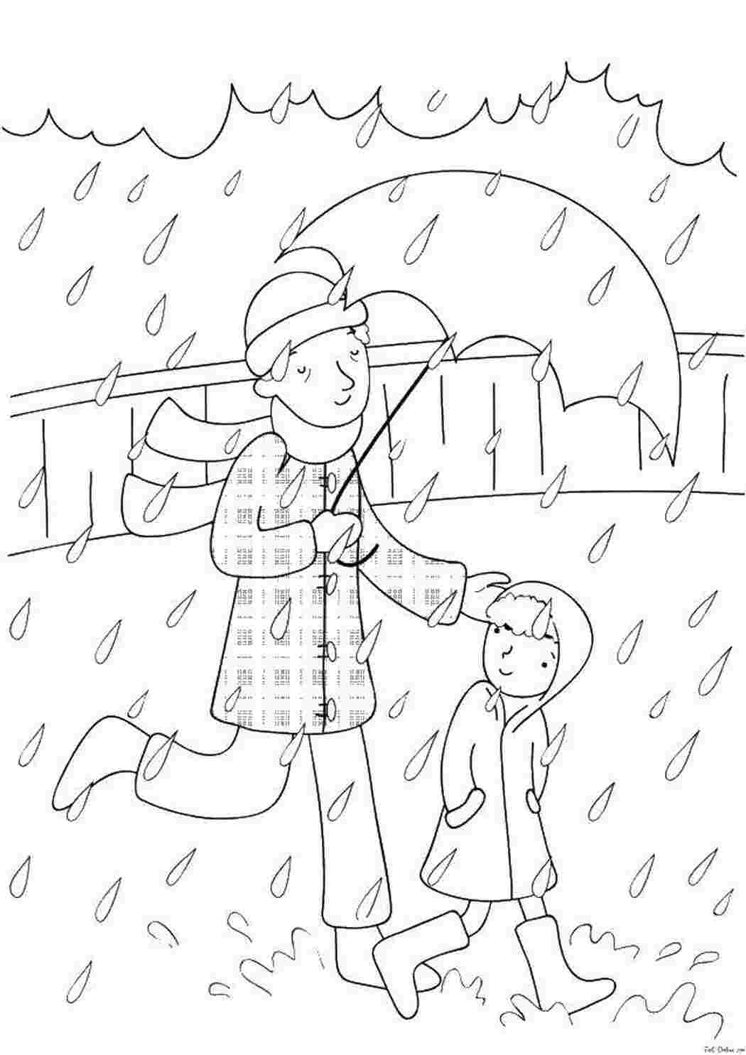 Раскраски Папа и дочка под дождьем Семья дождь, зонт, папа, дочка