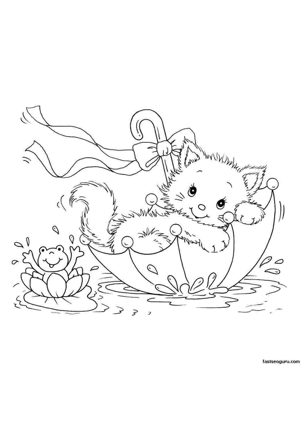 Раскраски Кошечка в зонтике Коты и котята коты, котята, кошки, зонт