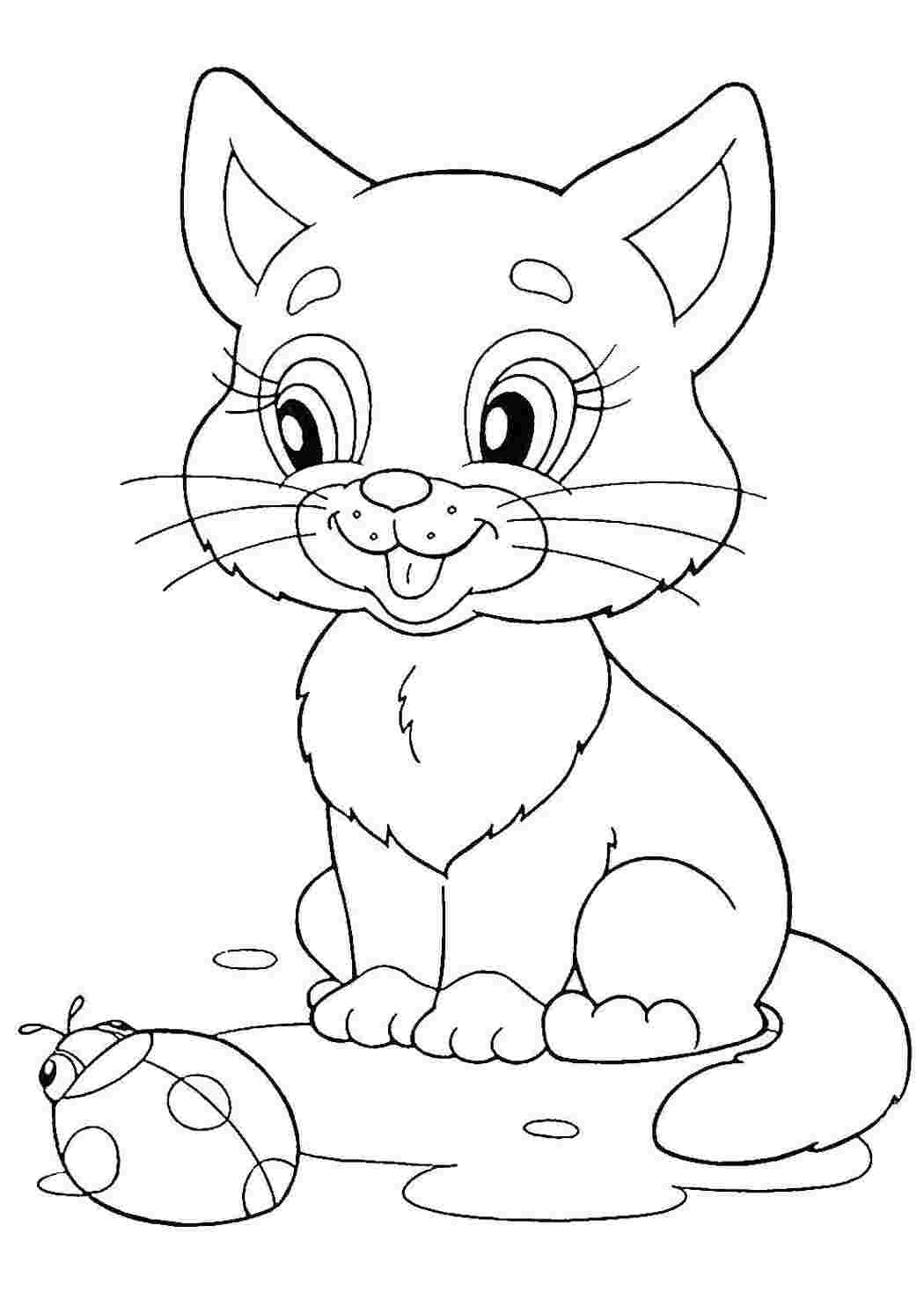 Раскраски Котенок играет с божьей коровкой Животные кот, кошка