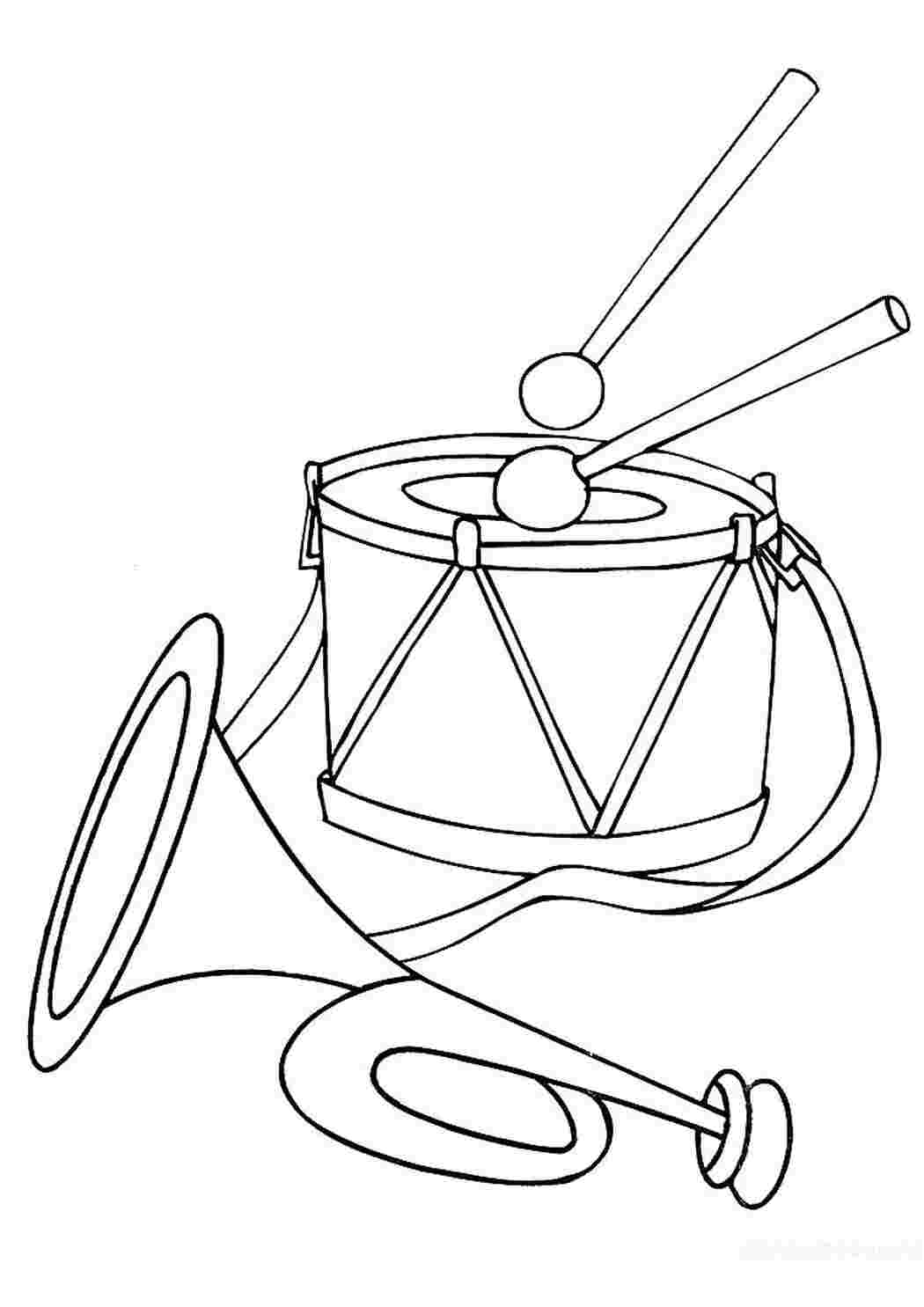 Раскраски Барабан и барабанная установка на раскрасках Музыкальные раскраски для детей. Раскраски с ударными музыкальнымиинструментами