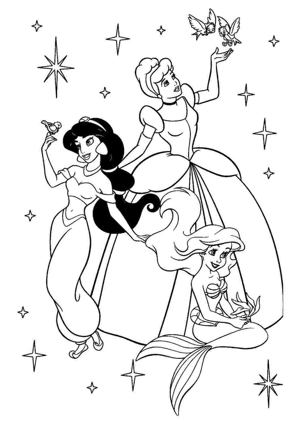 Раскраски Принцессы и русалка Принцессы Ариэль, Жасмин, Золушка