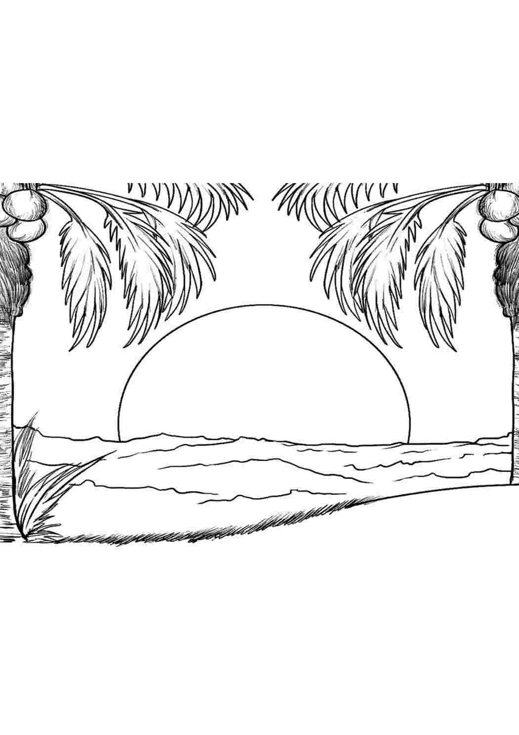 Восход солнца над пляжем Раскраски скачать и распечатать бесплатно.