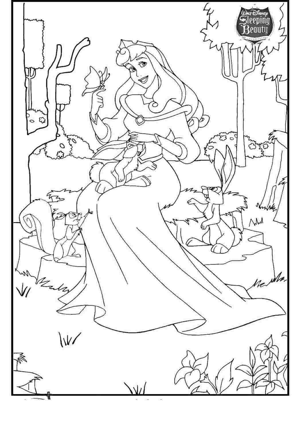 Раскраски животными, Раскраска Принцесса аврора с животными Диснеевские раскраски.