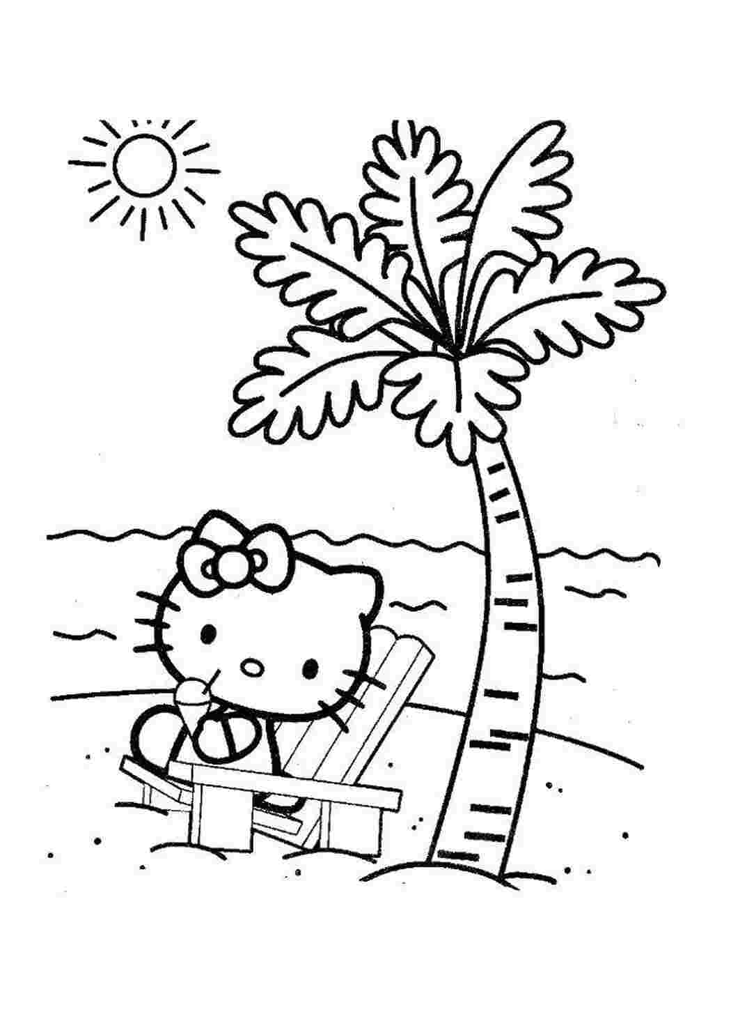 Раскраски Hello kitty на пляже Hello Kitty Hello Kitty, палма, солнце