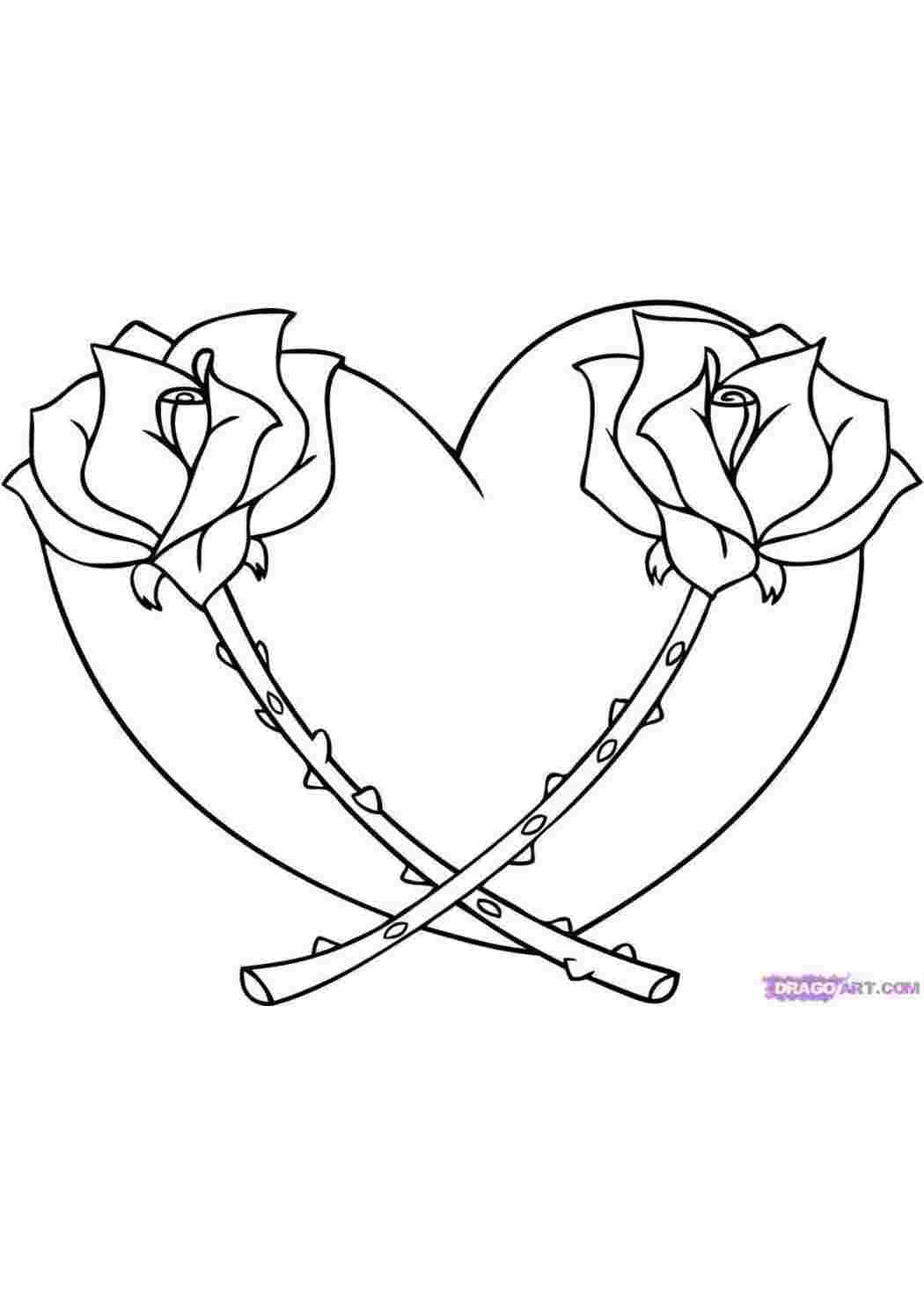 Раскраски Две розы и сердце Сердечки сердце, розы, шипы