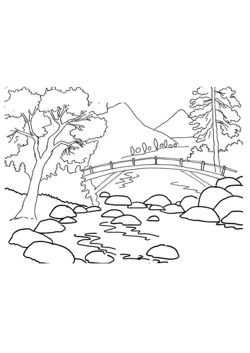 Раскраски Мост через реку природа Природа, лес, горы, река, мост