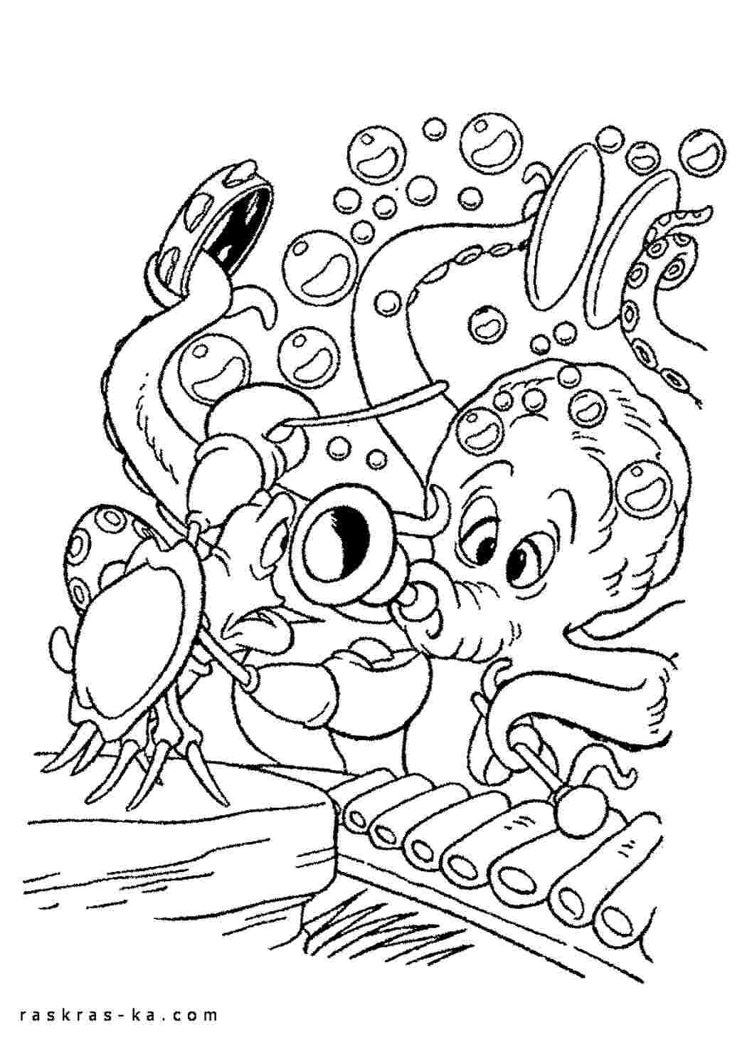 Раскраски Морской осьминог играет на музыкальных инструментах, а краб ему дирижирует Раскраски раскраски для детей по сказкам 