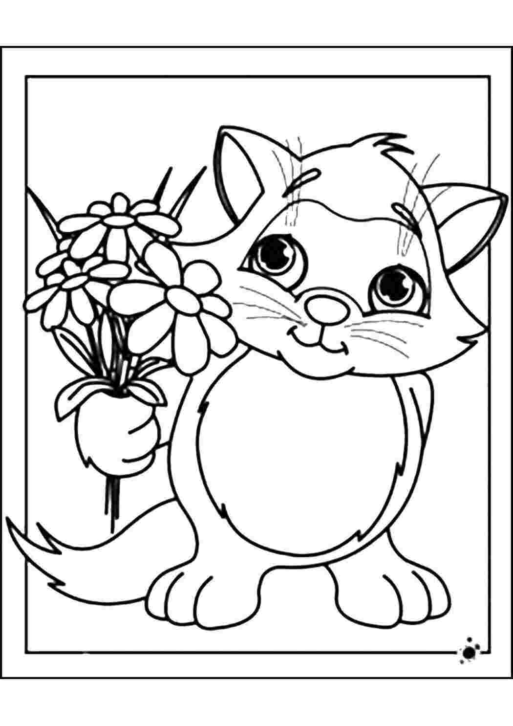 Раскраски Котёнок с цветами малышам Животные, котёнок