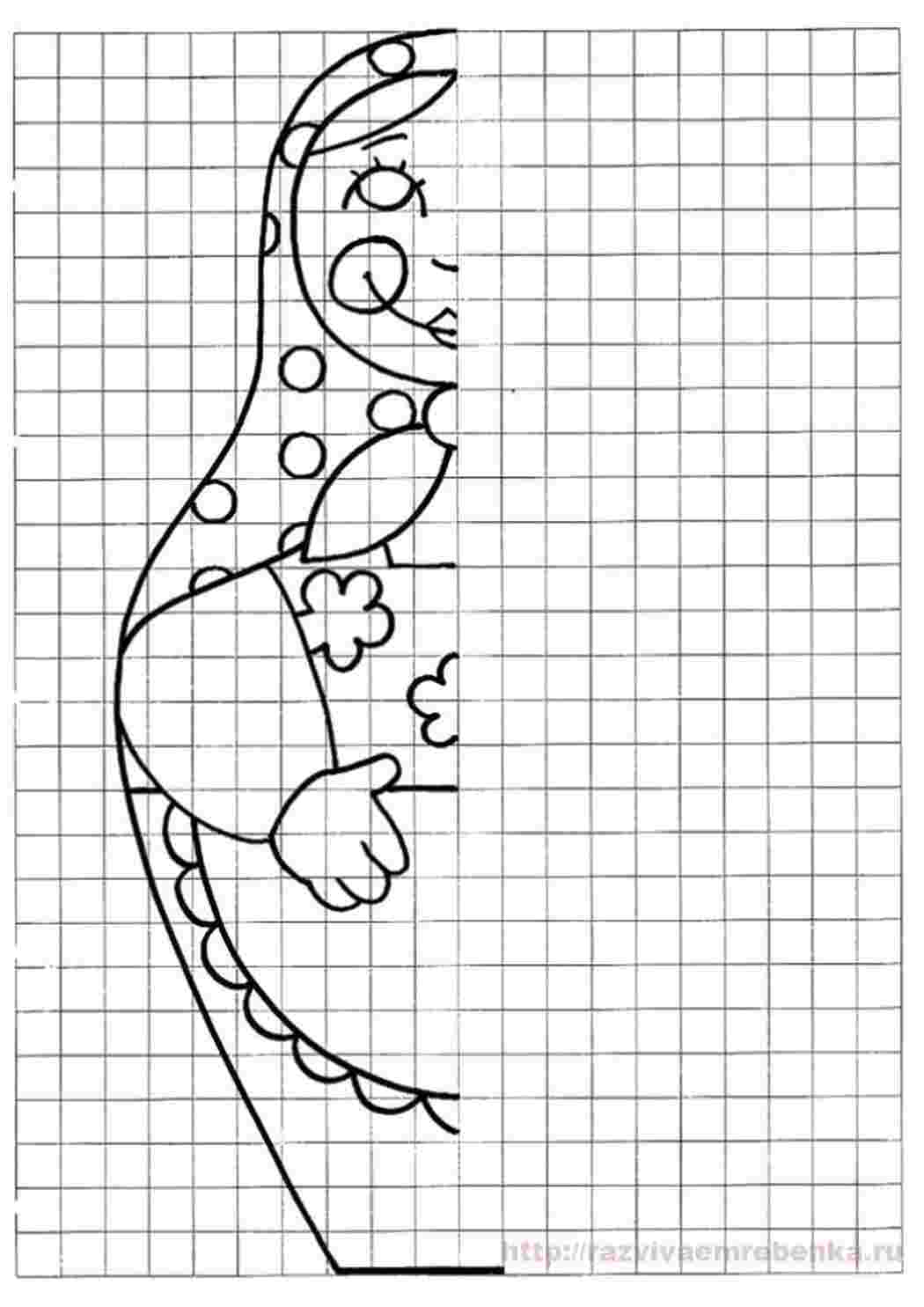 Раскраски Дорисуй по клеточкам матрешка Дорисуй по образцу дорисуй по клеточкам