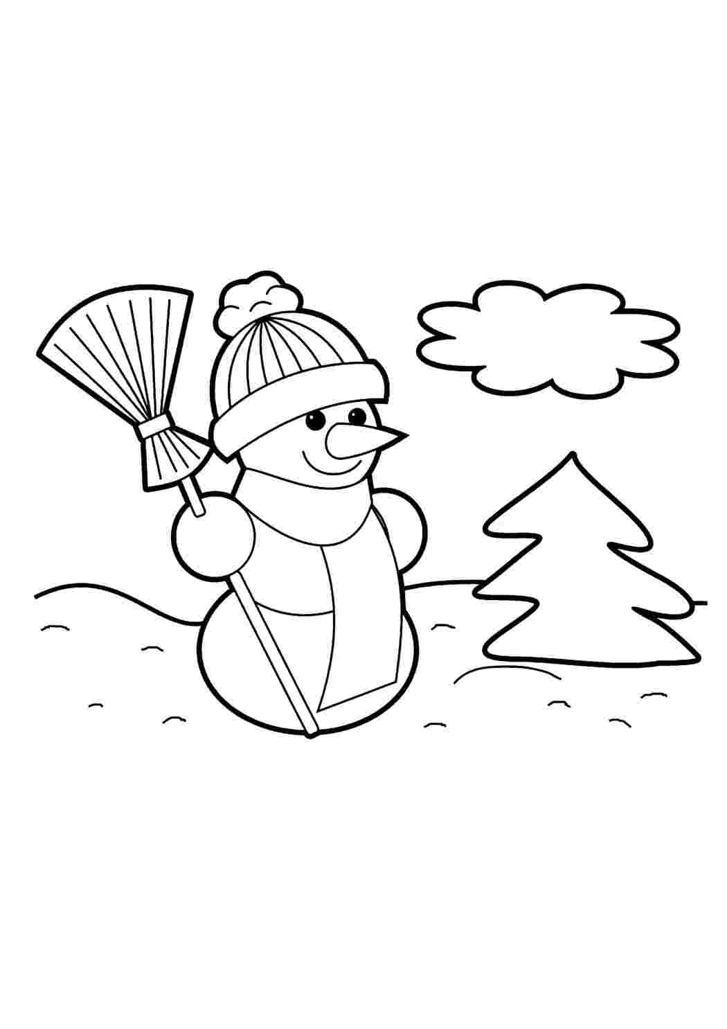 зима снеговик, шапка, метла, елка